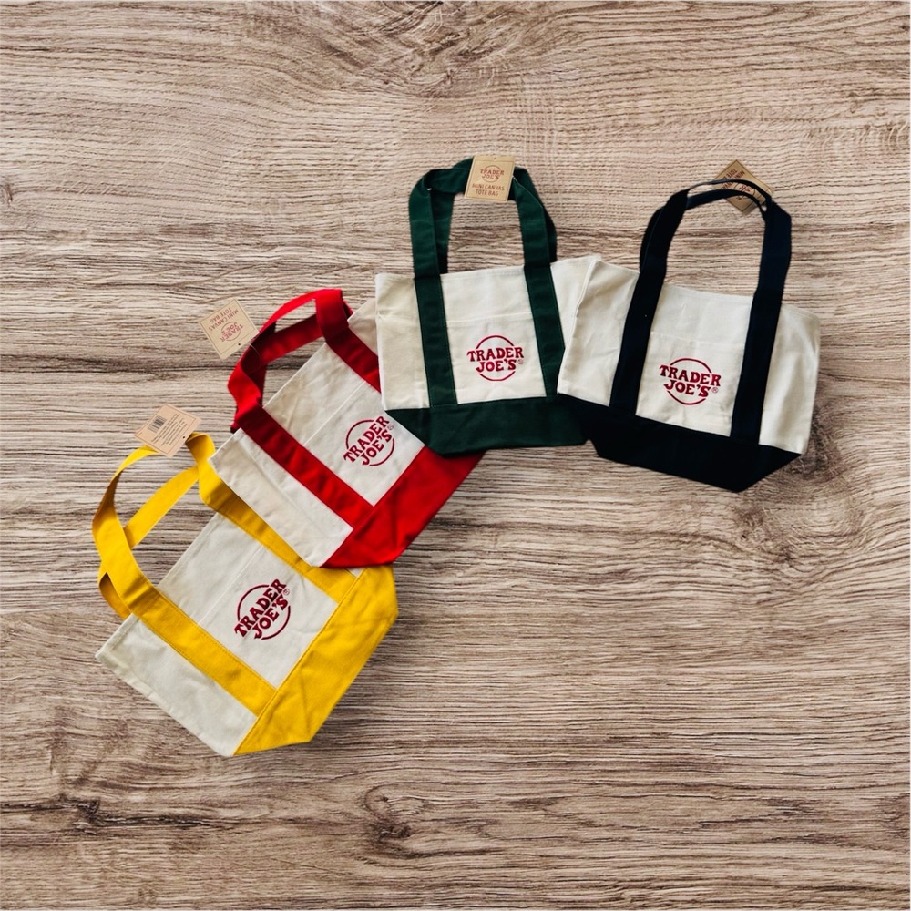 Trader Joe's Canvas Tote Bag Set - Red, Yellow, Green, Black